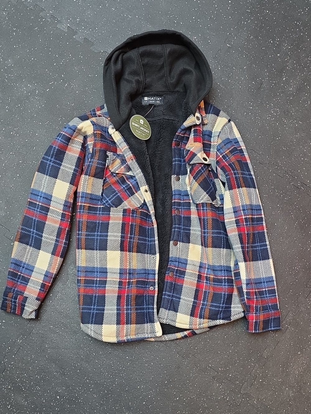 Matix Plaid Hooded Jean Jacket in Navy, Red & Cream